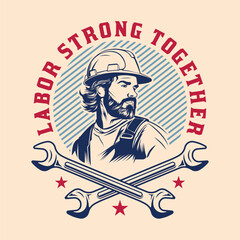 Construction worker Labor Day spanner tools vintage retro logo