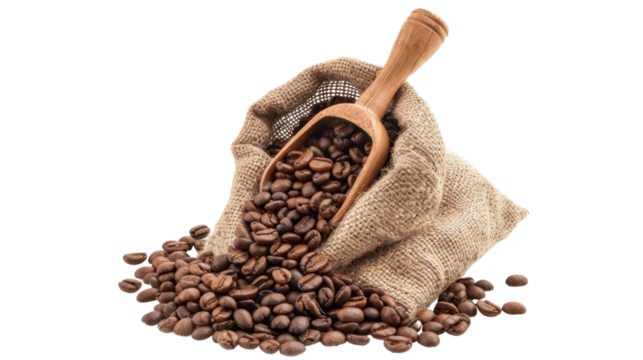 Scoop of coffee beans in a bag on transparent background 