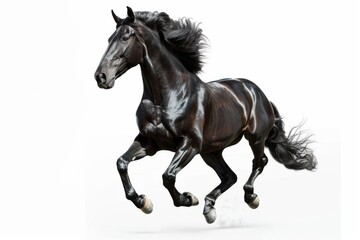 Black horse in rearing pose, standing up on hind legs isolated on white background