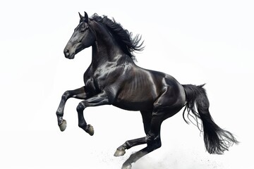 Fototapeta premium Black horse in rearing pose, standing up on hind legs isolated on white background