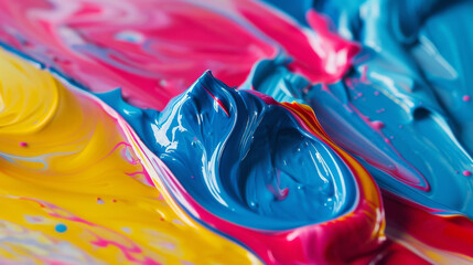 Swirls of vibrant blue, yellow, pink, and red paint merge together in a dynamic, colorful abstract art piece.