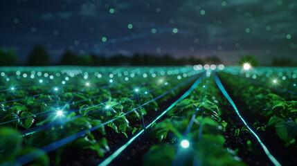 A futuristic night scene of a digitally illuminated agricultural field, with rows of crops glowing under the stars, hinting at advanced farming technology.