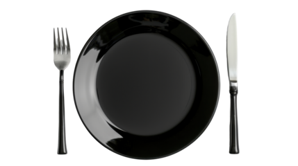 Plate with knife and fork black on transparent background
