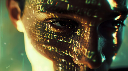 A close-up of a face with a holographic code projected on the skin, symbolizing the fusion of technology and humanity.