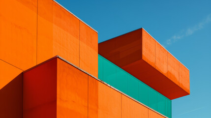 Bold geometric architecture with vibrant orange and teal colors set against a clear blue sky, illustrating modern design and minimalism.