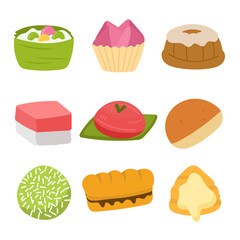 Indonesian traditional snacks vector set, flat illustration design template elements, kue basah jajanan pasar tradisional indonesia