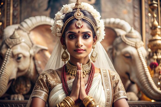 A beautiful Indian girl in a traditional Indian national costume, sari. Against the background of elephants. The portrait symbolizes the traditions, culture and beauty of the people of India.