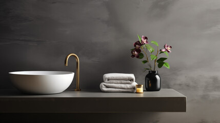Chic and elegant bathroom interior, Dark tones, Concrete wall and gold tap 