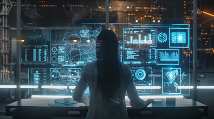 A silhouetted figure faces multiple high-tech screens displaying data and graphs, evoking a sense of modernity and advanced technology.
