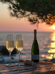 A table setting with two wine glasses and an open bottle