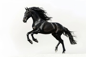 Obraz premium Black horse in rearing pose, standing up on hind legs isolated on white background