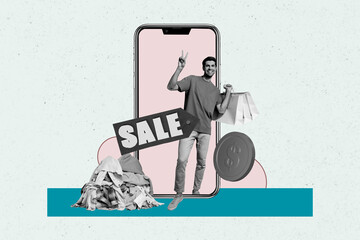 Photo cartoon comics sketch collage picture of cool guy showing v-sign enjoying online shopping...