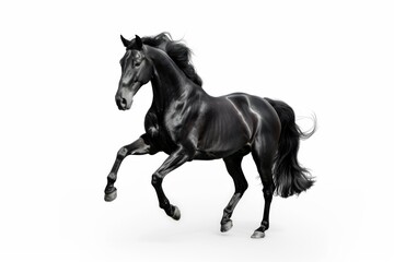 Fototapeta premium Black horse in rearing pose, standing up on hind legs isolated on white background