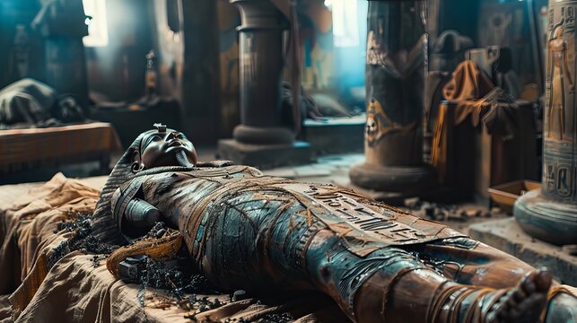 Ancient Egyptian Sarcophagus in Tomb Surrounded by Artifacts and Hieroglyphs