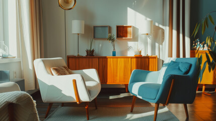 A cozy retro-inspired living room bathed in warm sunlight, featuring stylish mid-century modern furniture and a serene ambiance.