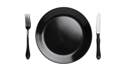 Plate with knife and fork black on transparent background