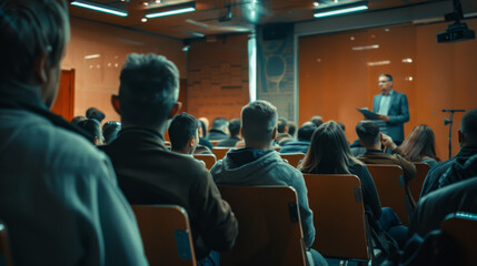 An engaging keynote speaker addressing a room full of attentive attendees in a modern conference room, highlighting a professional event.