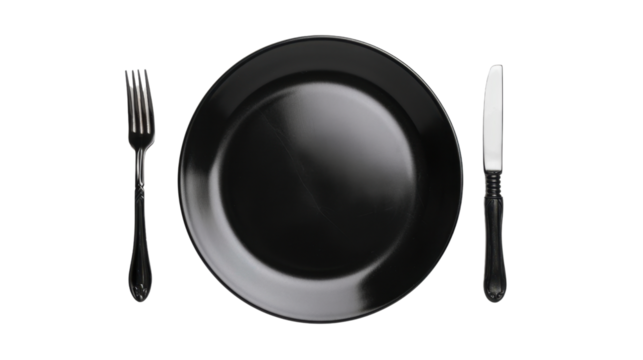 Plate with knife and fork black on transparent background