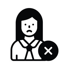 Cross sign with female avatar denoting concept icon of rejected employee