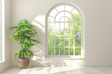 Fototapeta premium White Room Interior with Arched Window and Plant
