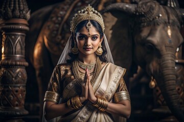 A beautiful Indian girl in a traditional Indian national costume, sari. Against the background of elephants. The portrait symbolizes the traditions, culture and beauty of the people of India.