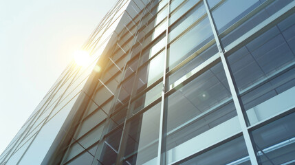 Obraz premium A sleek, modern glass building rising into the sky, reflecting sunlight and portraying an epitome of contemporary architecture.