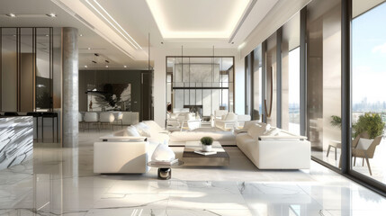 A luxurious, bright, and spacious modern living room with white furnishings, reflecting a sleek, minimalist aesthetic and flooded with natural light from large windows.