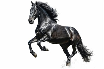 Black horse in rearing pose, standing up on hind legs isolated on white background