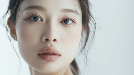 Fototapeta premium Close-up of a serene woman’s face with soft natural lighting creating a gentle, tranquil atmosphere.