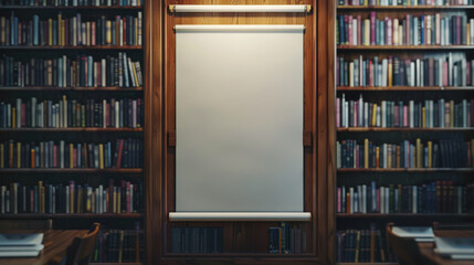 A blank projector screen stands in the midst of a cozy library with wooden bookshelves packed with books, inviting the start of a presentation or a film screening.