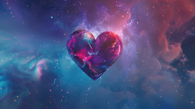A vibrant cosmic heart shape floating in a colorful nebula, symbolizing love and wonder within the vastness and mystery of the universe.