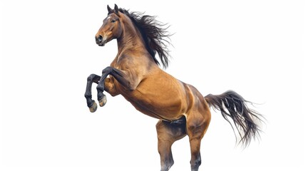 Naklejka premium Brown horse in rearing pose, standing up on hind legs isolated on white background