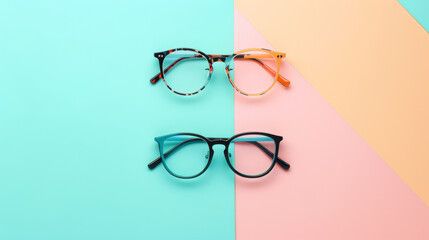 Two pairs of stylish eyeglasses are neatly displayed against a pastel-colored background, highlighting their classic and contemporary designs.