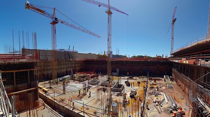Construction site with cranes and workers.