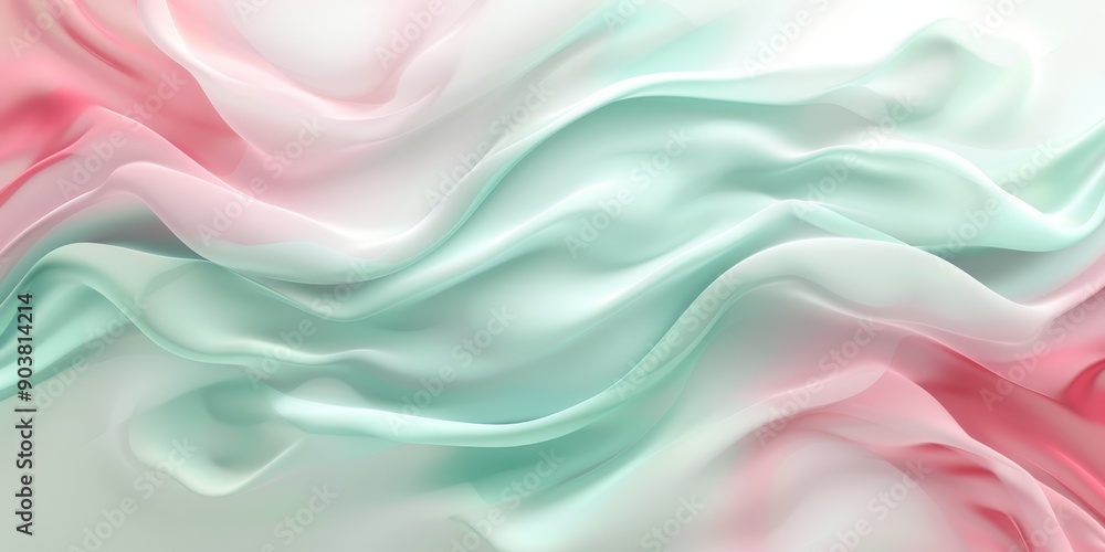 Poster mesmerizing soft gradient fabric waves in pastel pink and mint green colors, creating a tranquil abs