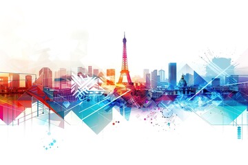 Obraz premium Abstract digital illustration of Paris skyline with Eiffel Tower, featuring vibrant colors and geometric shapes in a white background, showcasing the modernity of technology. 
