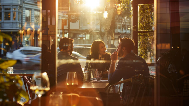 A group of people enjoying a warm, sunlit morning in a cozy cafe, surrounded by the bustle of city life through the large windows.