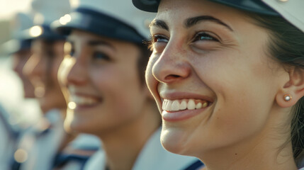 A group of smiling sailors in uniform, their joy and camaraderie captured in a close-up shot, celebrating a team spirit moment.