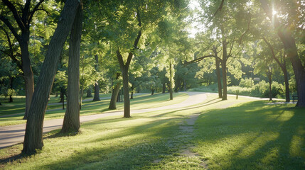 Fototapeta premium An illuminated, inviting park pathway, dappled with sunlight through lush trees, suggests a peaceful escape into nature.