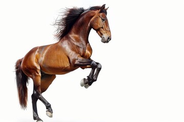 Naklejka premium Brown horse in rearing pose, standing up on hind legs isolated on white background
