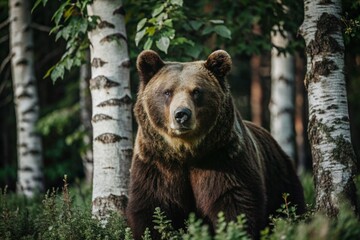 A big brown bear on the background of a birch grove. Animal hunting. Poaching.