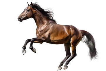 Fototapeta premium Brown horse in rearing pose, standing up on hind legs isolated on white background