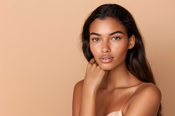 Obraz premium Portrait of a young woman with a natural beauty look on a beige background