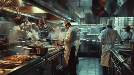 Chefs in white uniforms busily working in a professional kitchen, cooking and preparing various dishes.