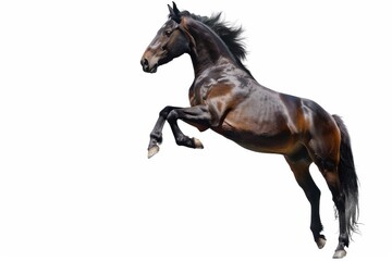 Brown horse in rearing pose, standing up on hind legs isolated on white background