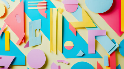 Abstract array of colorful geometric shapes in pastels on a yellow background, showcasing dynamic arrangement and playful design.