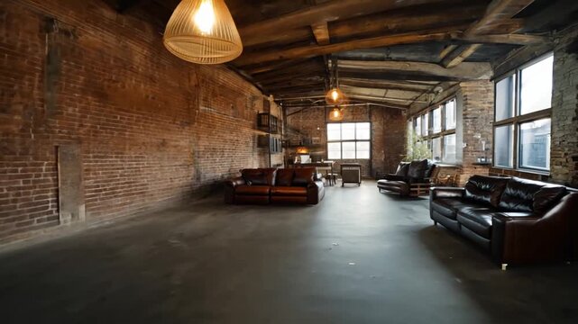 Spacious industrial loft apartment with exposed brick, large windows, and modern furniture. Perfect for showcasing a modern and urban lifestyle.