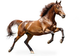 Brown horse in rearing pose, standing up on hind legs isolated on white background