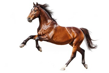 Brown horse in rearing pose, standing up on hind legs isolated on white background