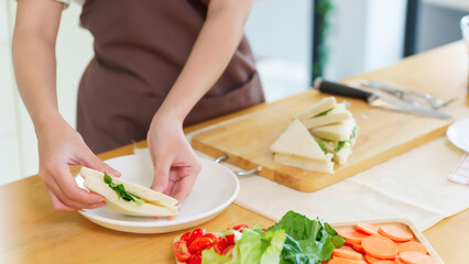 Asian women making delicious sandwich with vegetables and boiled egg salad while putting slices sandwich on plate after cooking breakfast meal and making healthy food lifestyle in kitchen at home